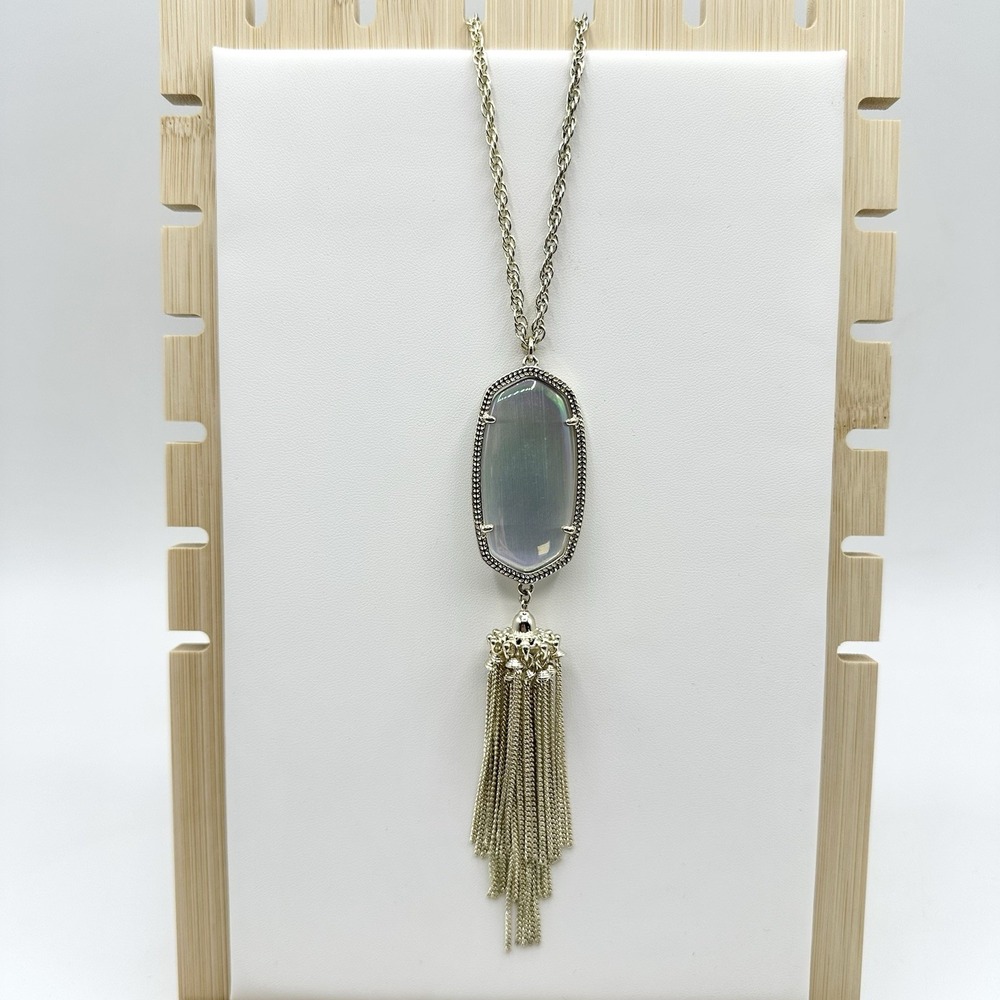 Kendra Scott Rayne Necklace Iridescent White Tassel Pendant Long Goldtone Chain
